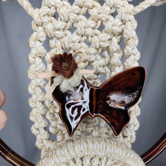 Macrame VTG Towel Holder with Ceramic Butterfly Holder 2 4" Wall Hanging Boho - Picture 11 of 12